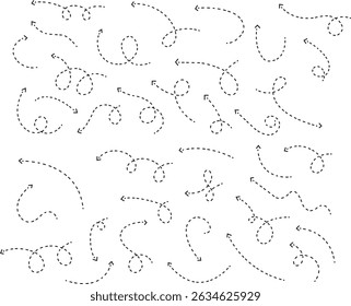 dot arrow icon set. Hand drawn black dotted line doodle arrow, curve arrow vector collection. Sketch curved dashed arrows design isolated on transparent background. Direction shape for web and app.