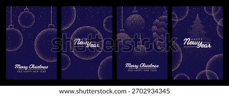Dot art christmas ornament and christmas tree illustration set on dark background for winter holiday greeting card
