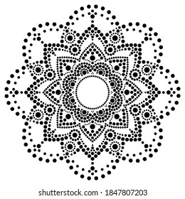 Dot art vector ethnic mandala, traditional Aboriginal dot painting design, indigenous decoration from Australia in white on black background. Abstract mandala with dots, monochrome Australian design