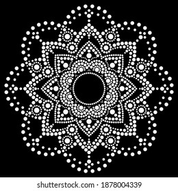 Dot art vector ethnic mandala, traditional Aboriginal dot painting design, indigenous decoration from Australia in white. Abstract mandala with dots, circles, ethnic Australian geometric composition 