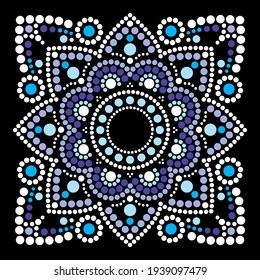 Dot art vector ethnic mandala in square, traditional indigenous Aboriginal dot painting design from Australia in blue and white.  
Abstract tile mandala with dots.