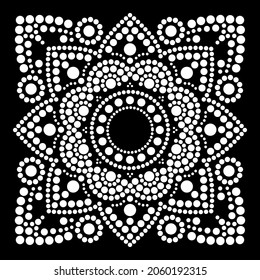 Dot art vector ethnic mandala in square, traditional indigenous Aboriginal dot painting design from Australia in white on black background. Abstract tile mandala with dots, circles, ethnic design