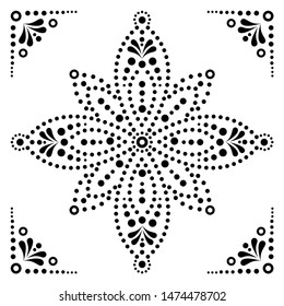 Dot art vector flower, traditional Aboriginal dot painting design, indigenous decoration from Australia in black on white background. Abstract flower design with dots, circles, ethnic Australian art