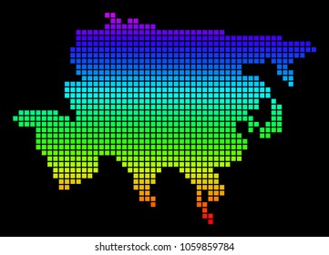 A dot Asia Map. Vector geographic map in bright spectrum colors on a black background. Colorful vector abstract pattern of Asia Map combined of small squares.