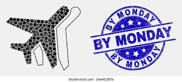 Dot aviation mosaic icon and By Monday seal. Blue vector round textured seal stamp with By Monday caption. Vector composition in flat style. Black isolated aviation mosaic of randomized dots,