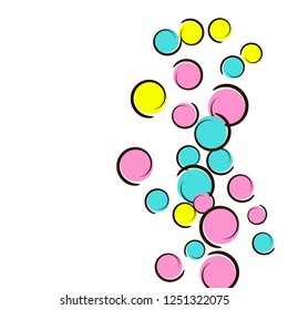 Dot background with comic pop art confetti. Big colored spots, spirals and circles on white. Vector illustration. Plastic childish splash for birthday party. Rainbow polka dot background.