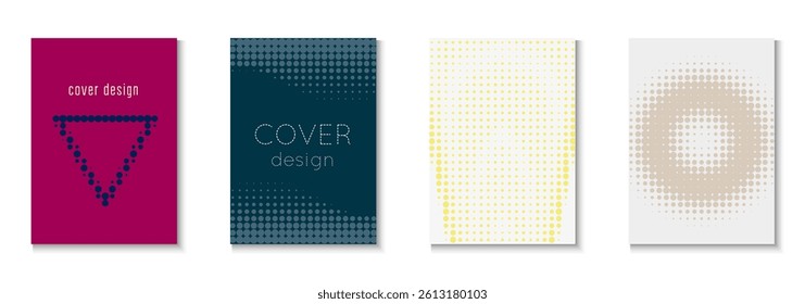 Dot Background Set. Future Concept In Minimal Layout. Flat Invitation With Geometric Frame. Wave Flyer. Minimalist Halftone Texture. Geometric Book Template. Trendy Dot Background