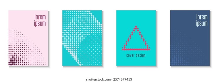 Dot Background Set. Modern Shapes In Tech Layout. Flat Invitation With Geometric Frame. Book Flyer. Minimalist Party Pattern. Geometric Halftone Poster. Trendy Dot Background