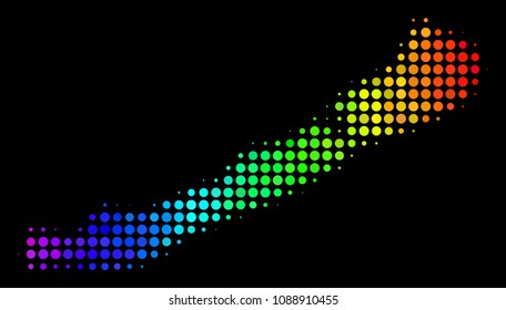Dot Balaton Lake. Halftone territorial plan drawn with spectral color tinges with horizontal gradient on a black background. Vector concept of Balaton Lake combined of filled circles.