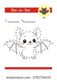 Dot to dot bat activity worksheet for preschool kids. Activity of learning numbers from 1 to 61 and pen control. Vector illustration, nursery designs, and educational materials.