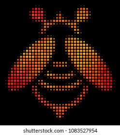 Dot bee icon. Bright pictogram in fire orange color tints on a black background. Vector halftone mosaic of bee pictogram constructed with round pixels.