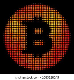 Dot bitcoin coin icon. Bright pictogram in hot color tones on a black background. Vector halftone concept of bitcoin coin icon made of circle points.