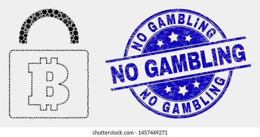 Dot bitcoin lock mosaic pictogram and No Gambling stamp. Blue vector rounded scratched seal stamp with No Gambling text. Vector collage in flat style.