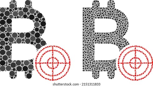 Icono de destino de bitcoin de punto. Icono de destino de bitcoin de colección organizado a partir de elementos de círculo en varios tamaños y tonos de color. Los puntos de círculo vectores se organizan en un icono de destino de bitcoin de collage.