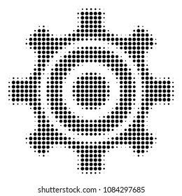 Dot black cogwheel icon. Vector halftone mosaic of cogwheel icon formed from round elements.