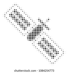 Dot black satellite icon. Vector halftone pattern of satellite pictogram constructed from spheric pixels.