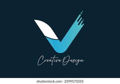 dot blue V cut letter alphabet logo icon design with dots gradient for business or company