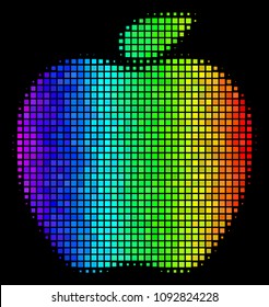 Dot bright halftone apple icon drawn with spectrum color hues with horizontal gradient on a black background. Multicolored vector mosaic of apple illustration shaped of square elements.