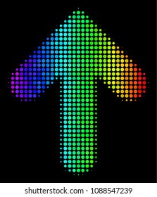 Dot bright halftone arrow up icon in spectral color tints with horizontal gradient on a black background. Color vector collage of arrow up pictogram done of round cells.