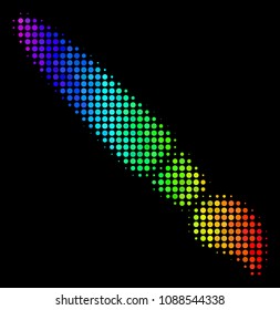 Dot bright halftone brush icon in spectrum color hues with horizontal gradient on a black background. Colored vector composition of brush pictogram done from circle dots.