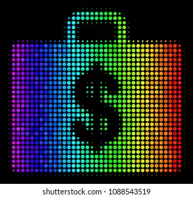 Dot bright halftone business case icon in spectrum color variations with horizontal gradient on a black background. Colored vector pattern of business case pictogram designed of circle particles.