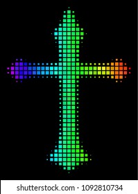 Dot bright halftone Christian cross icon in spectral color tones with horizontal gradient on a black background.