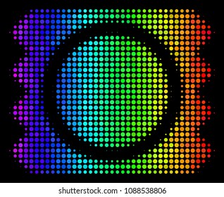 Dot bright halftone condom package icon using spectral color variations with horizontal gradient on a black background. Multicolored vector mosaic of condom package symbol made with circle particles.