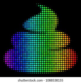 Dot bright halftone crap icon in rainbow color tones with horizontal gradient on a black background. Colorful vector pattern of crap pictogram combined with round dots.