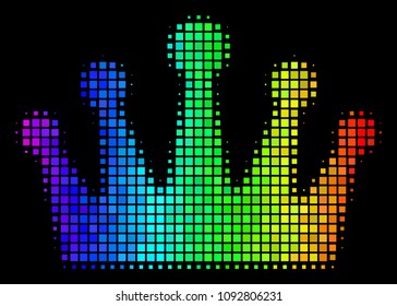 Dot bright halftone crown icon using rainbow color tones with horizontal gradient on a black background. Multicolored vector concept of crown pictogram created from rectangle items.