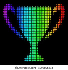 Dot bright halftone cup icon in rainbow color tints with horizontal gradient on a black background. Color vector collage of cup pictogram formed from rectangular cells.