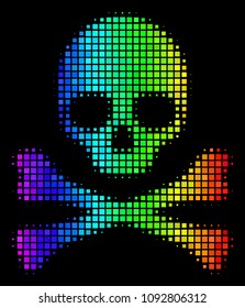 Dot bright halftone death skull icon using rainbow color variations with horizontal gradient on a black background.