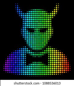 Dot bright halftone devil icon drawn with spectral color hues with horizontal gradient on a black background. Bright vector concept of devil symbol done from spheric elements.