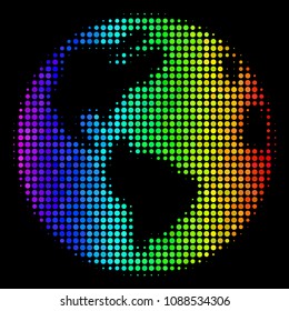 Dot bright halftone Earth icon drawn with spectral color variations with horizontal gradient on a black background. Bright vector mosaic of Earth pictogram combined of circle elements.