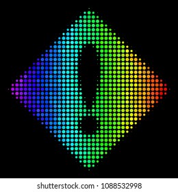 Dot bright halftone error icon drawn with rainbow color shades with horizontal gradient on a black background. Bright vector mosaic of error illustration constructed from round cells.