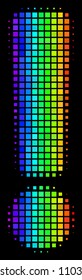 Dot bright halftone exclamation sign icon in spectral color hues with horizontal gradient on a black background. Color vector composition of exclamation sign pictogram shaped from rectangular cells.
