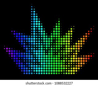 Dot bright halftone explosion boom icon using rainbow color variations with horizontal gradient on a black background. Colored vector composition of explosion boom symbol done with round pixels.