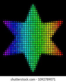 Dot bright halftone fireworks star icon in spectral color tints with horizontal gradient on a black background. Multicolored vector pattern of fireworks star symbol constructed of rectangle cells.