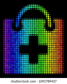 Dot bright halftone first aid kit icon drawn with rainbow color variations with horizontal gradient on a black background.