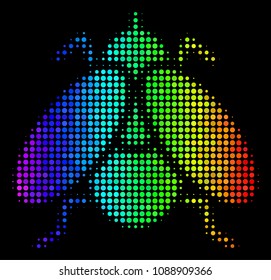 Dot bright halftone fly insect icon using spectral color tinges with horizontal gradient on a black background. Colorful vector mosaic of fly insect illustration constructed from circle items.