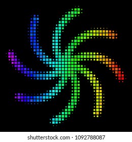Dot bright halftone galaxy icon using rainbow color tones with horizontal gradient on a black background. Colored vector mosaic of galaxy symbol created of square items.