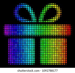 Dot bright halftone gift icon in spectral color tones with horizontal gradient on a black background. Bright vector composition of gift illustration composed from rectangle items.