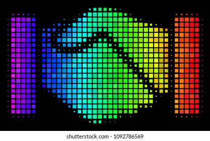 Dot bright halftone handshake icon in spectrum color hues with horizontal gradient on a black background. Colorful vector pattern of handshake illustration formed of rectangle items.