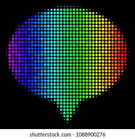 Dot bright halftone hint icon drawn with spectrum color hues with horizontal gradient on a black background. Colored vector mosaic of hint pictogram combined from circle cells.