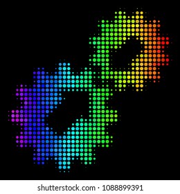 Dot bright halftone integration icon drawn with rainbow color variations with horizontal gradient on a black background. Multicolored vector pattern of integration symbol done with circle cells.