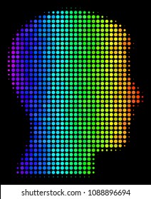 Dot bright halftone man head profile icon drawn with rainbow color tones with horizontal gradient on a black background.