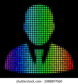 Dot bright halftone manager icon using rainbow color variations with horizontal gradient on a black background. Multicolored vector collage of manager pictogram constructed of round items.
