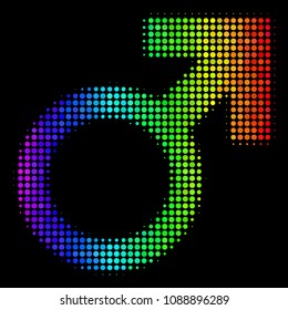 Dot bright halftone Mars symbol icon in spectrum color shades with horizontal gradient on a black background. Color vector collage of Mars symbol symbol composed from round particles.