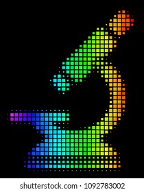 Dot bright halftone microscope icon in rainbow color tones with horizontal gradient on a black background. Color vector collage of microscope symbol shaped with rectangle array cells.