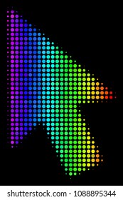 Dot bright halftone mouse cursor icon drawn with spectral color tones with horizontal gradient on a black background.