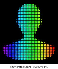 Dot bright halftone person icon drawn with spectrum color tints with horizontal gradient on a black background. Multicolored vector mosaic of person pictogram formed of square matrix cells.